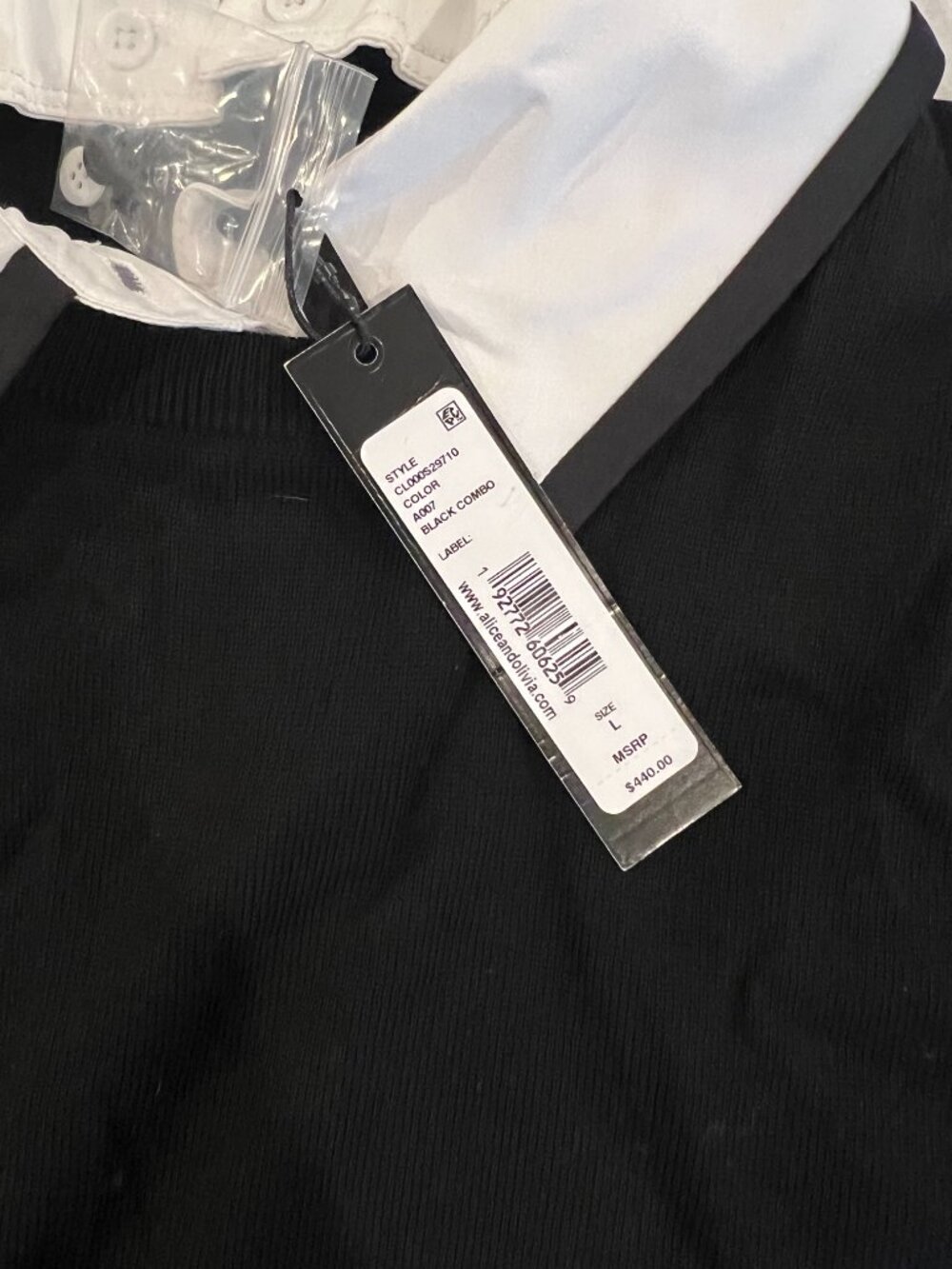 Alice + Olivia Black Sweater White Collared Layered Shirt Ruffle Cuffs L NWT - Picture 3 of 4